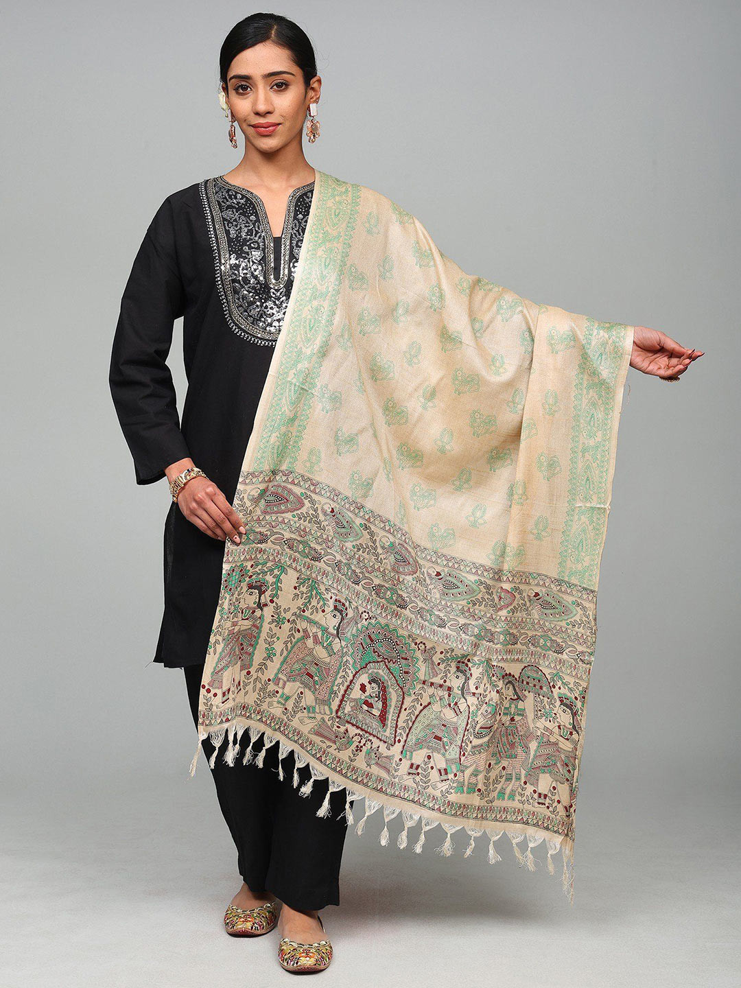Exotic India Madhubani Viscose Dupatta with Printed Wedding Palanquin And Peacocks