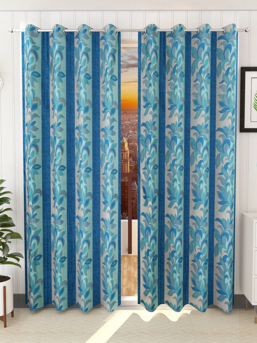 Galaxy Home Decor Blue And Grey 2 Pieces Floral Window Curtains