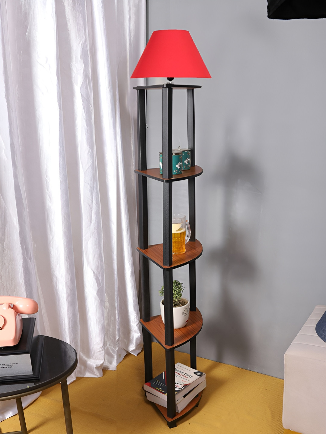 Devansh Red & Brown Conical Wooden Shelf Floor Lamp