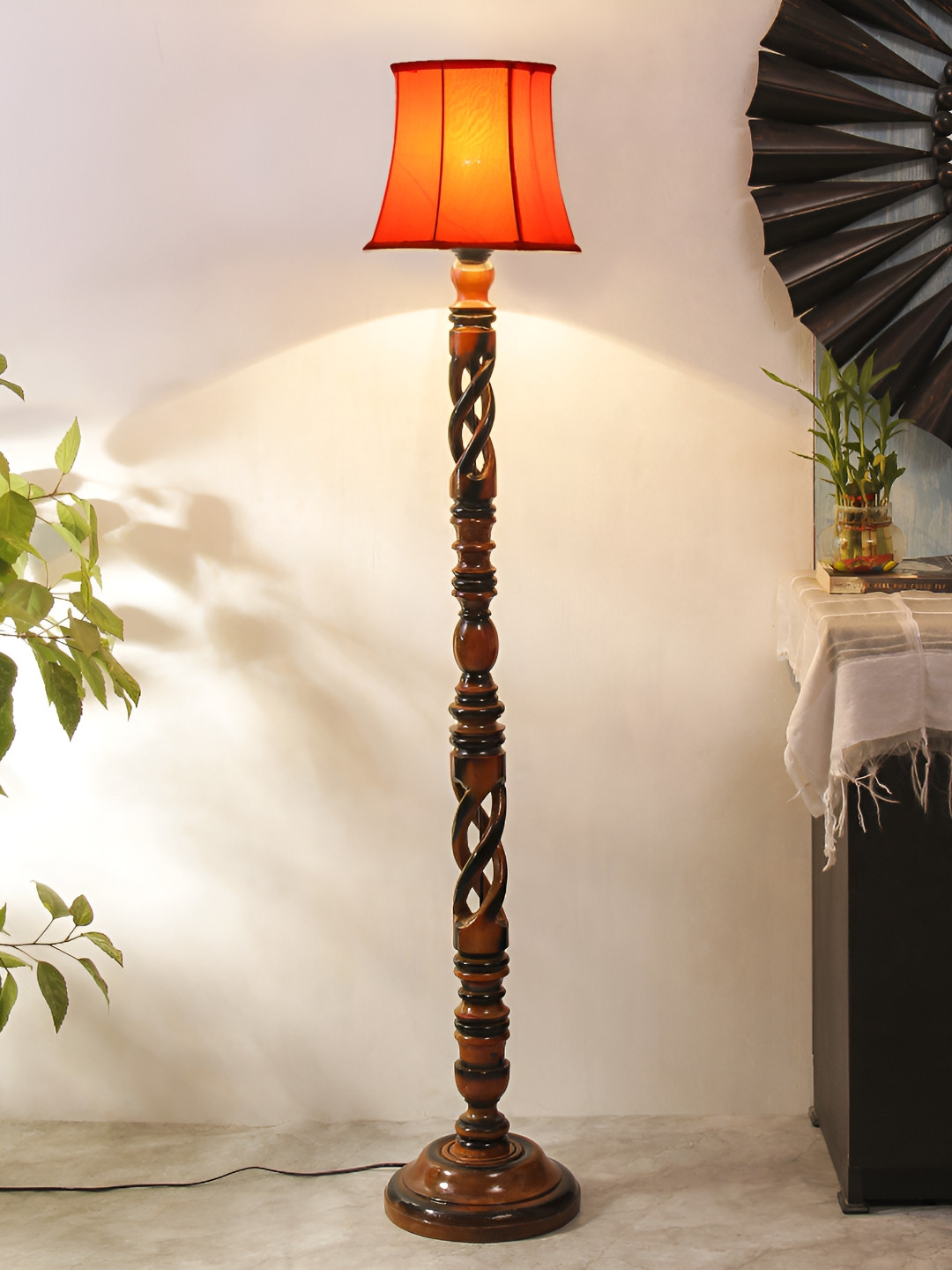 Devansh Brown & Orange Wooden Floor Lamp With Shade