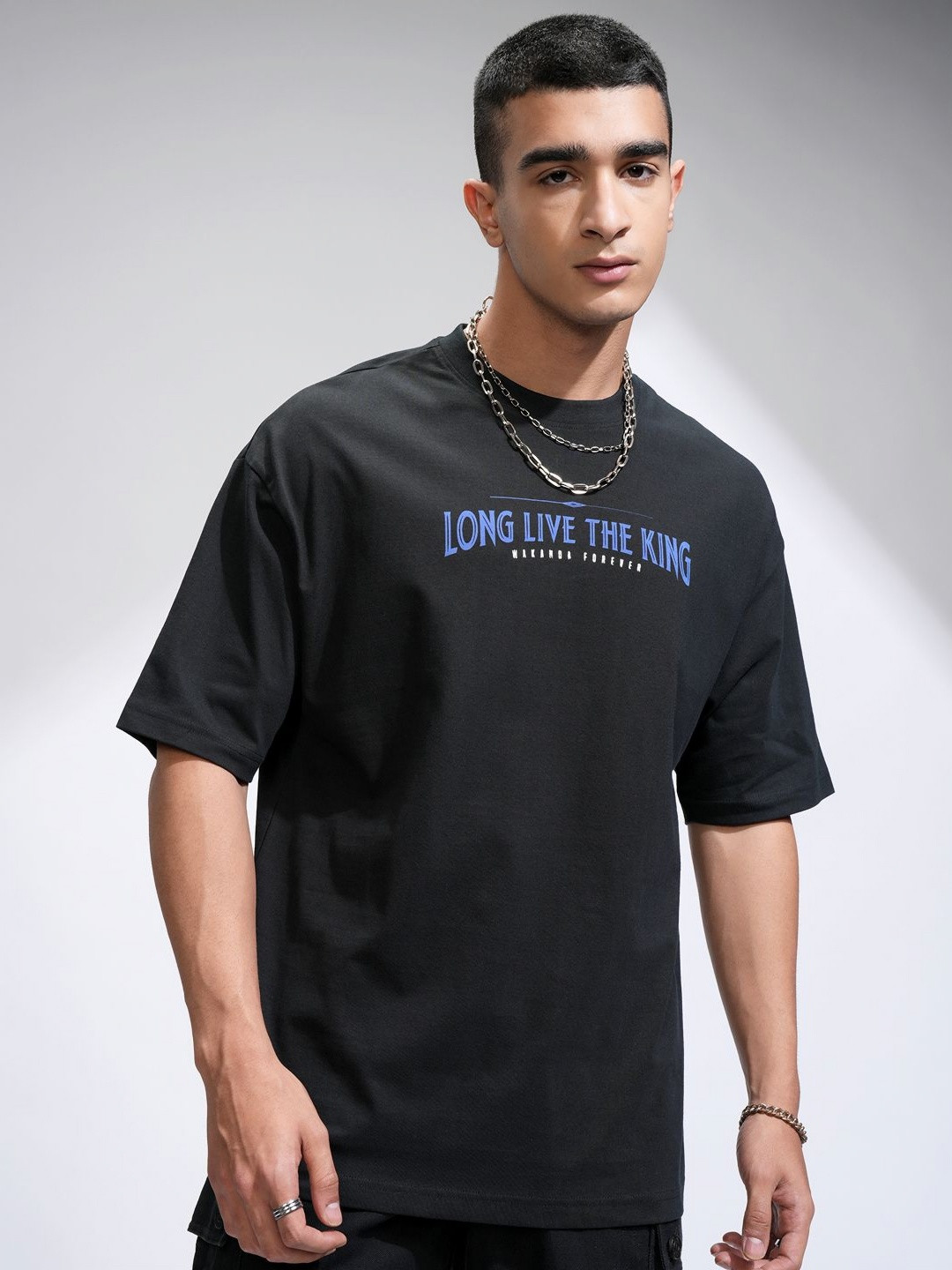 HIGHLANDER Marvel Black Panther Men Overlapped V Neck Elbow Length Oversized Tshirt