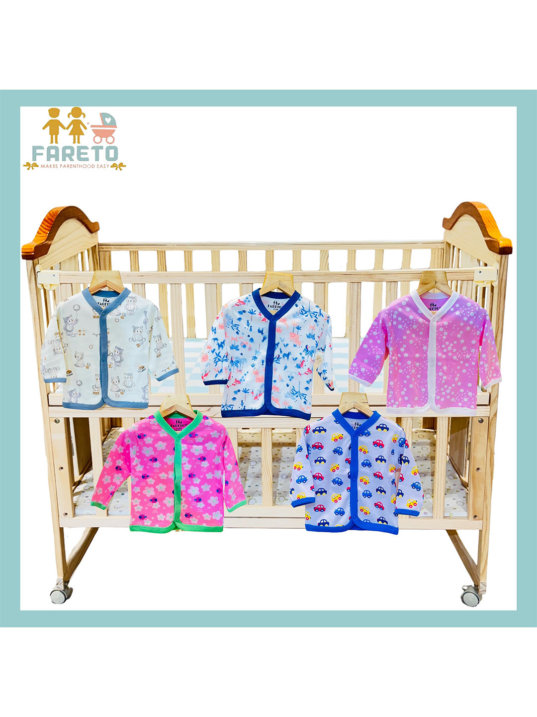 Fareto Infants Pack Of 5 Printed V-Neck Cotton Jhabla