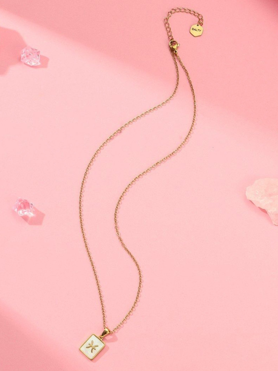 SALTY Gold & White Sign of the Stars Zodiac Pisces Pendant With Chain