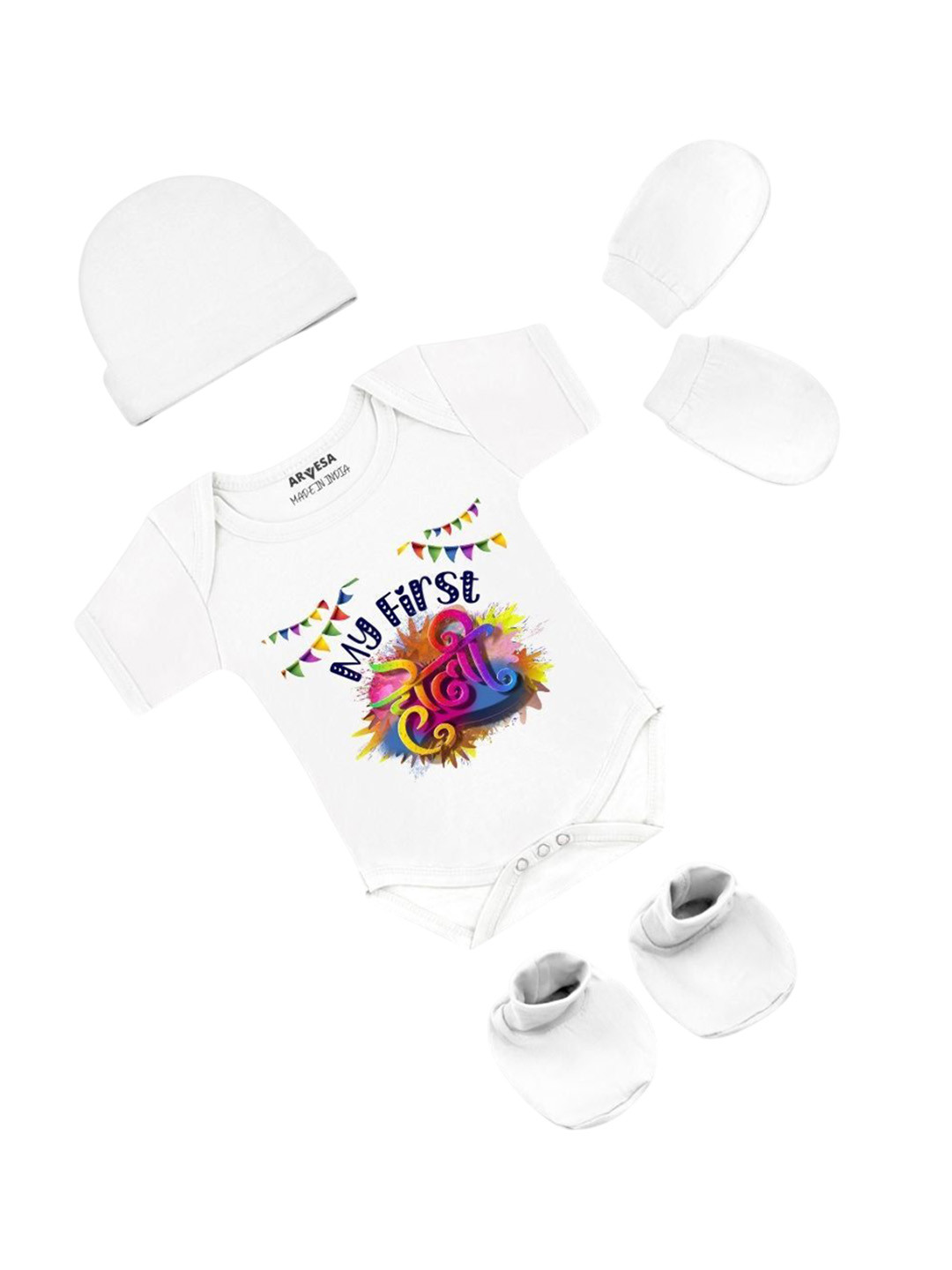 Arvesa Infants My First Holi Printed Bodysuit with Cap Booties Mitten