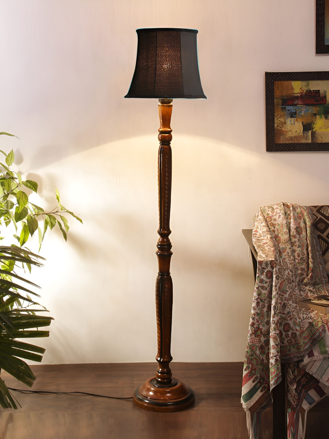 Devansh Brown & Black Wooden Floor Lamp