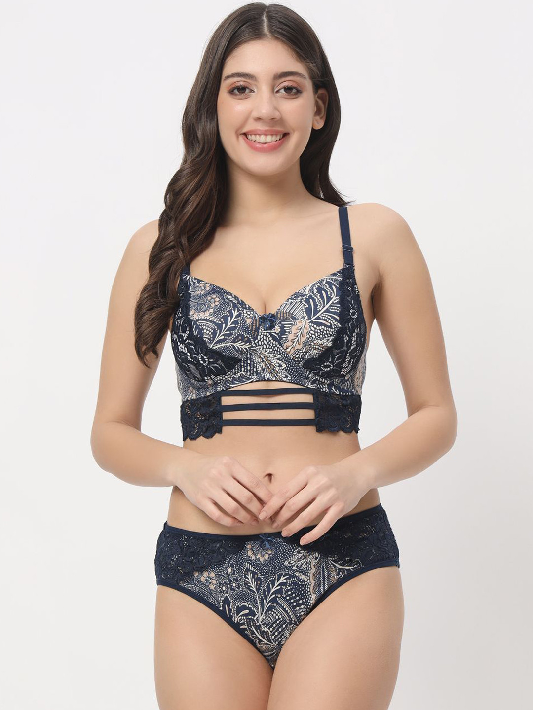 EFFECTINN Women Printed Full Coverage Lightly-Padded Mid-Rise Lingerie Set1266_Blue