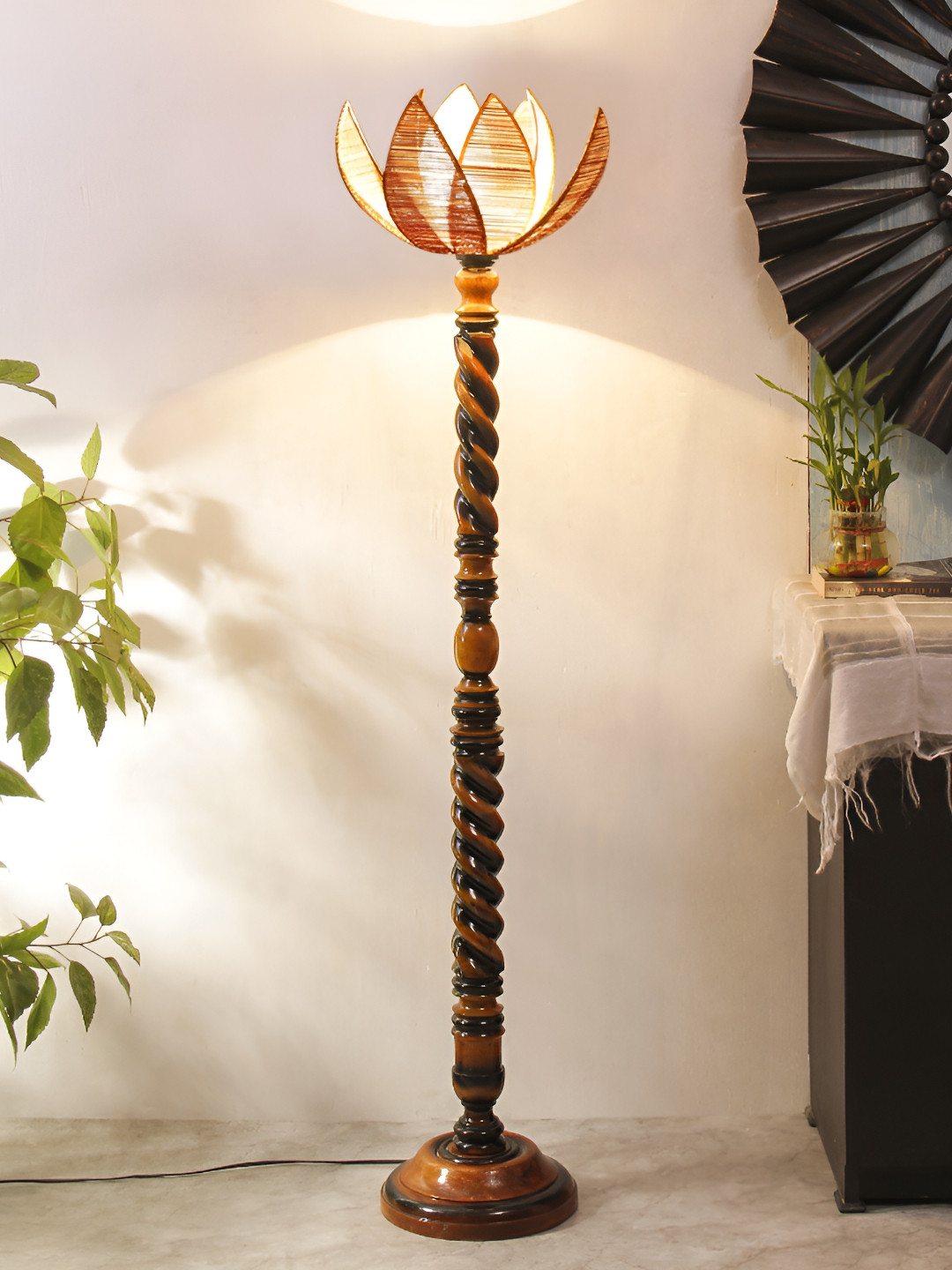 Devansh Beige And Brown Abstract Shaped Wooden Floor Lamp