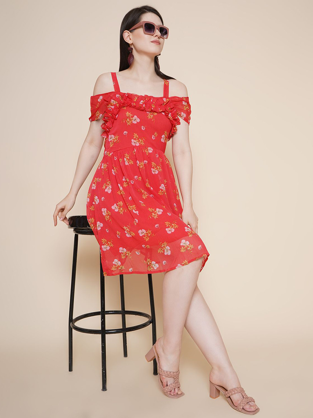 JAKANARY Floral Print Cold-Shoulder Chiffon Fit & Flare Dress