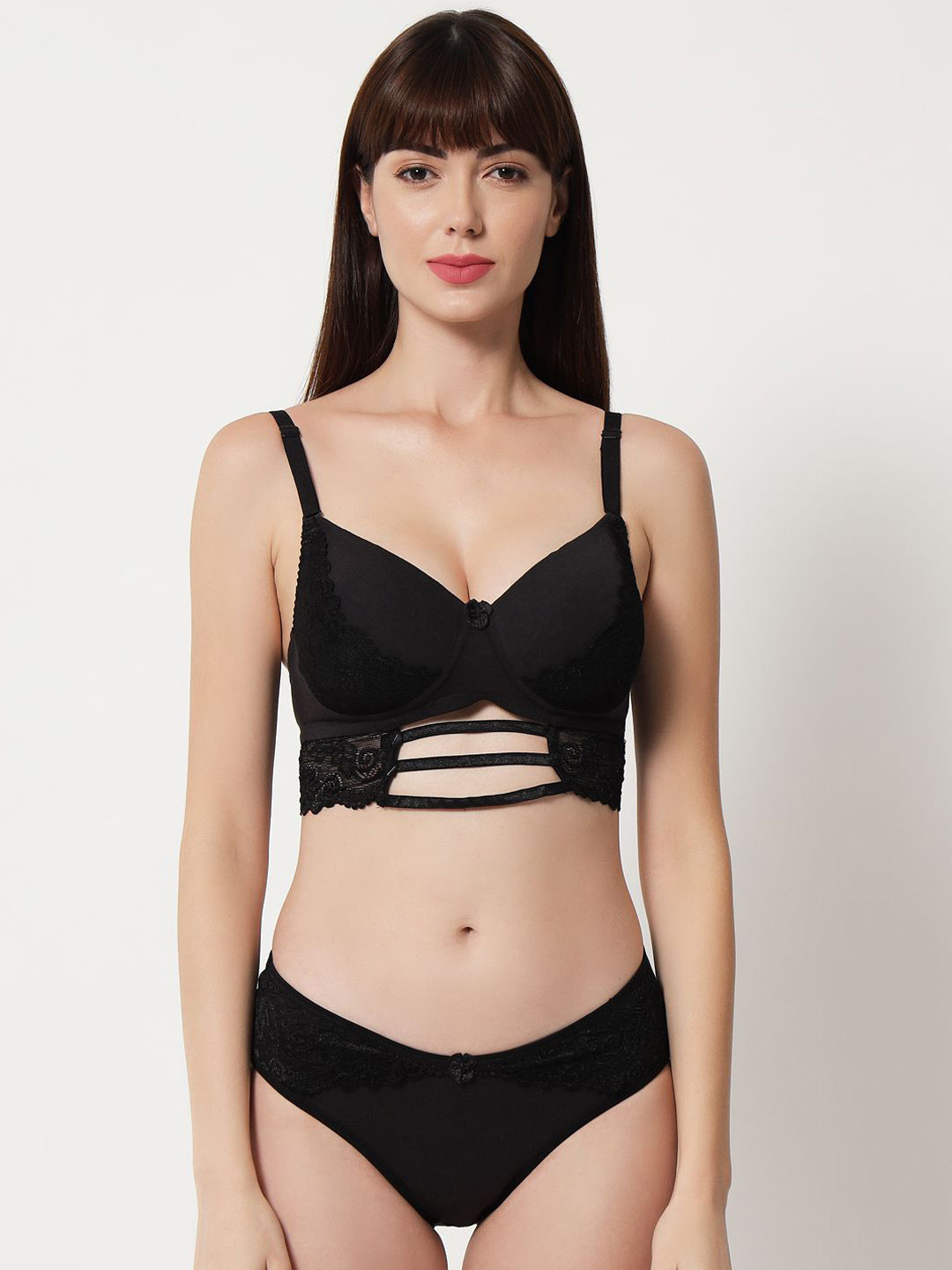 EFFECTINN Cotton Shoulder Straps Lingerie Set 1266_Black
