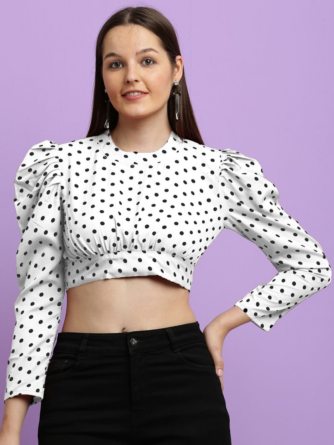 CLOTHINK INDIA Polka Dot Colourblocked Tie-Up Neck Puff Sleeve Crepe Crop Top