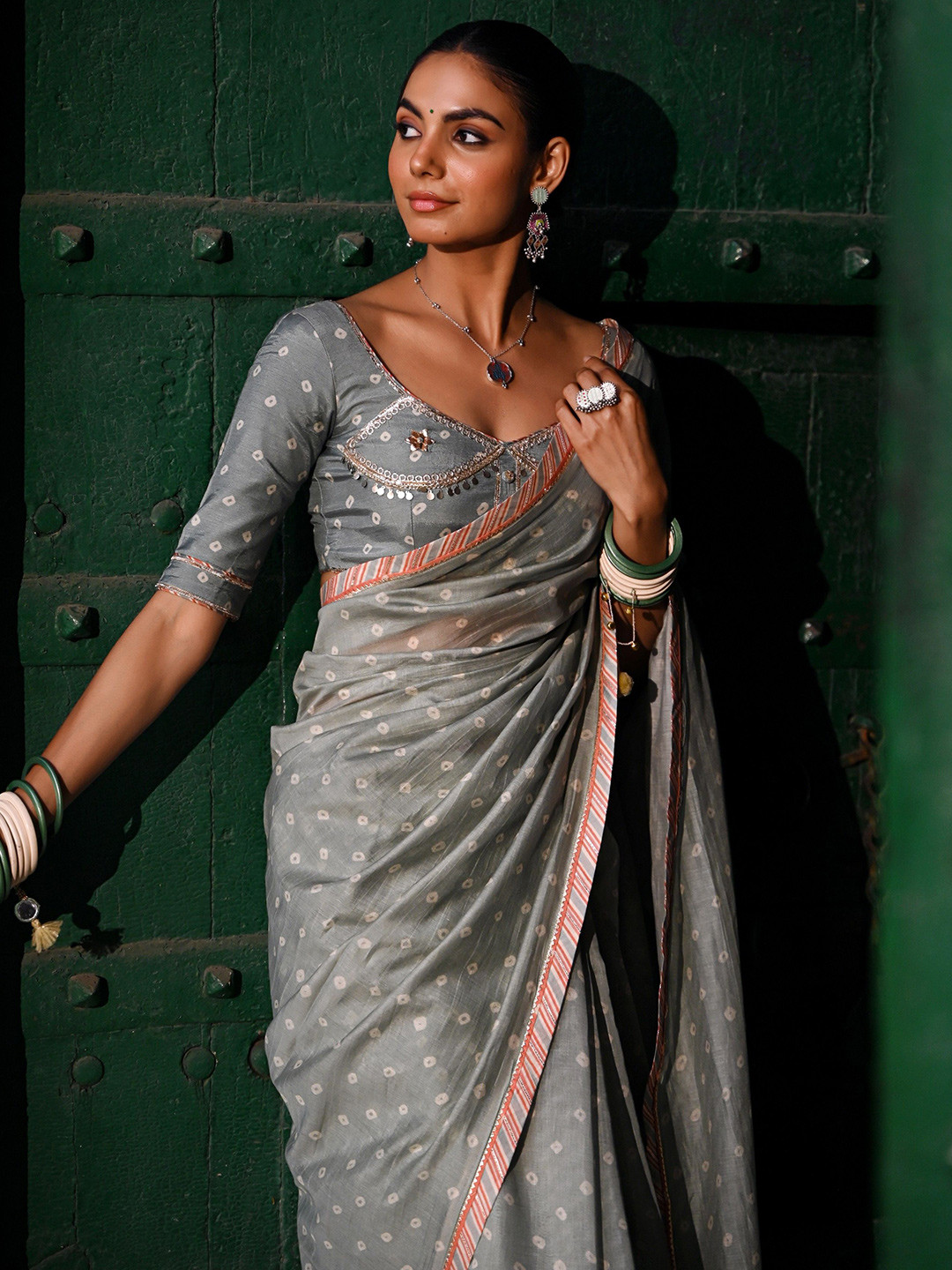 Baise Gaba Bandhani Gotta Patti Silk Blend Chanderi Saree