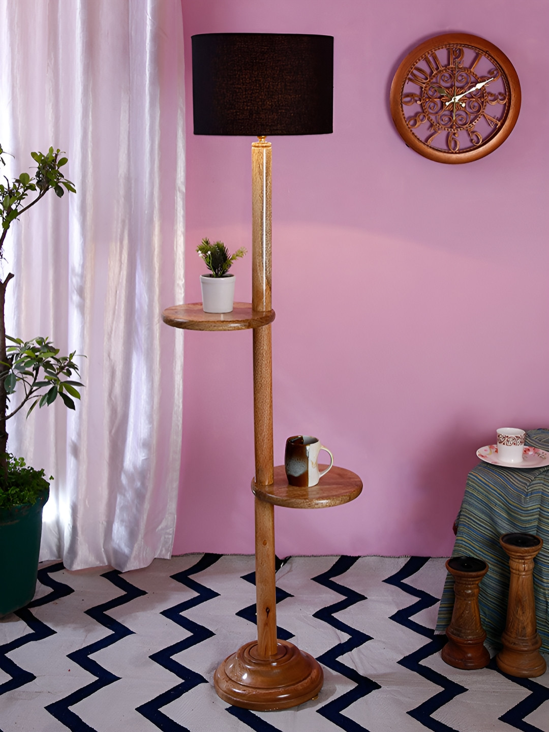 Devansh Black & Brown Drum Wooden Shelf Floor Lamp