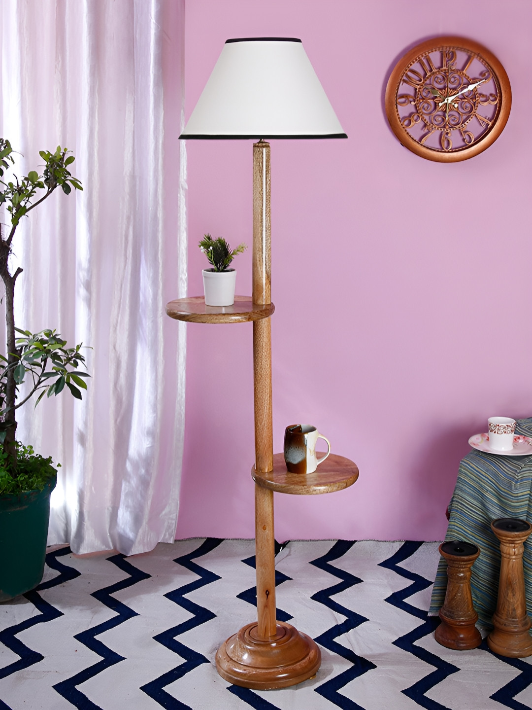 Devansh White & Black Conical Wooden Shelf Floor Lamp