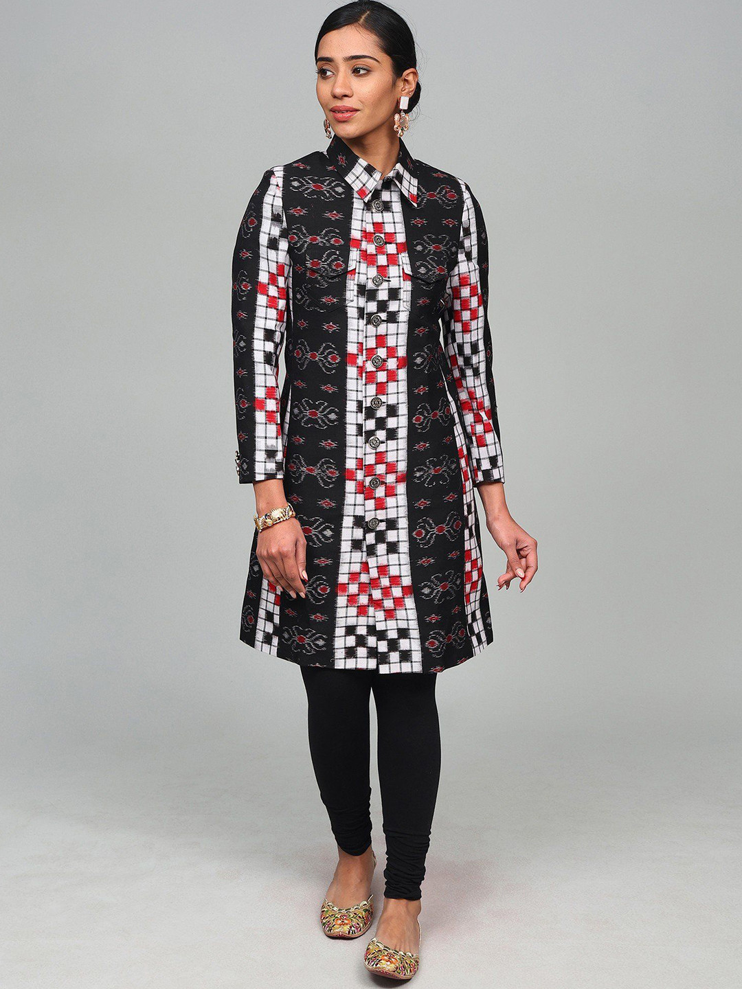 Exotic India White And Black Pure Cotton Handloom Long Jacket with All-Over Ikat Weave