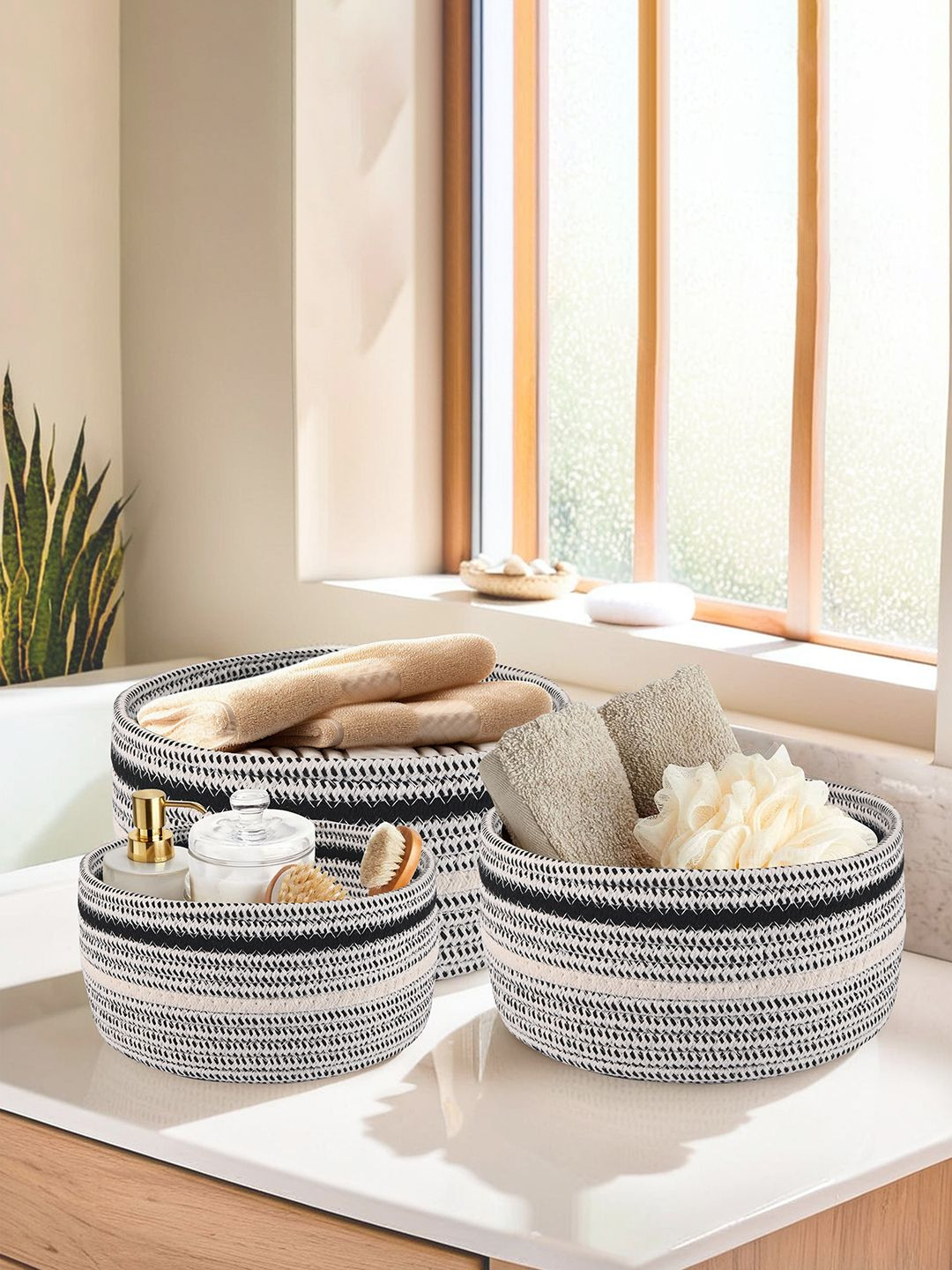 Aura Grey Set of 3 Aesthetic Foldable Rope Basket for Storage Basket Organisers