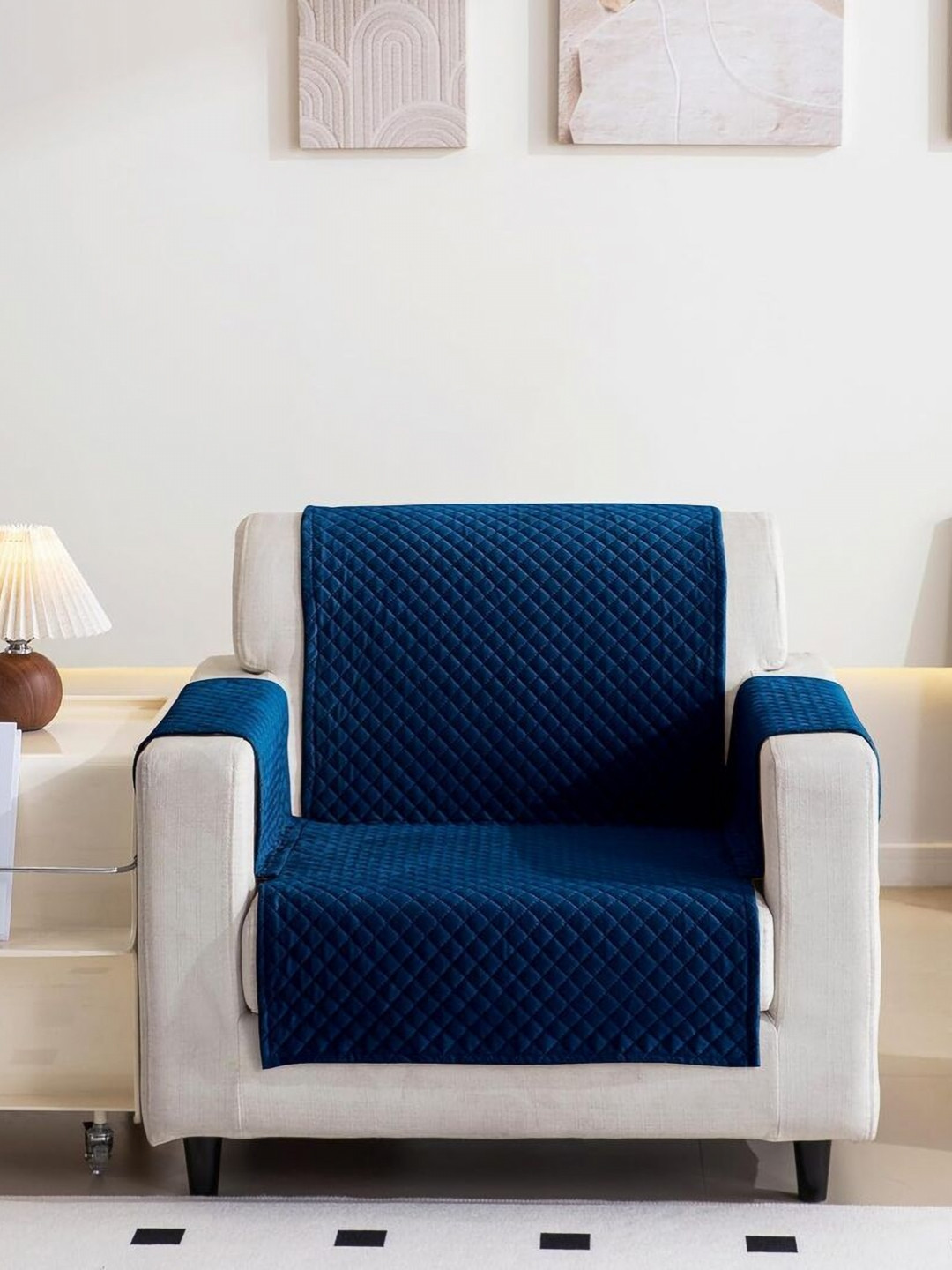 Fashion Throw Navy Blue Checked Velvet 1 Piece Sofa Cover With Arms