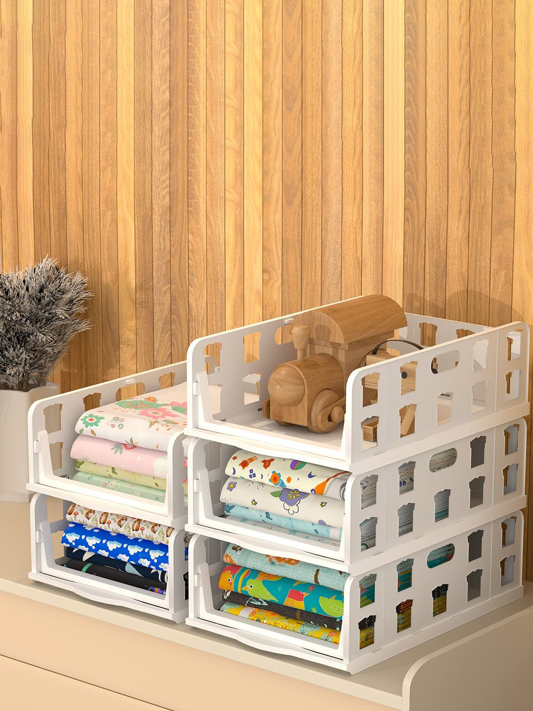 Aura White Set of 5 Foldable Kids Wardrobe Organizer for Clothes Storage Drawer Organiser