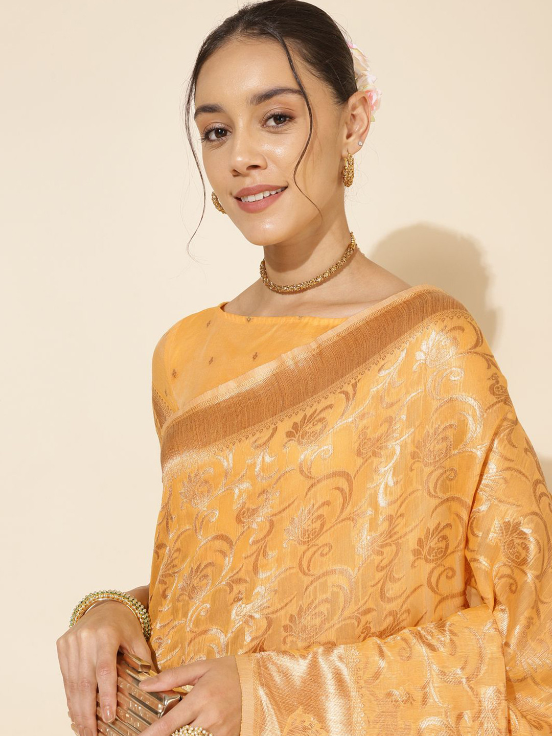 Janasya Women Light Yellow Chanderi Silk Woven Saree with Unstitched Blouse Piece