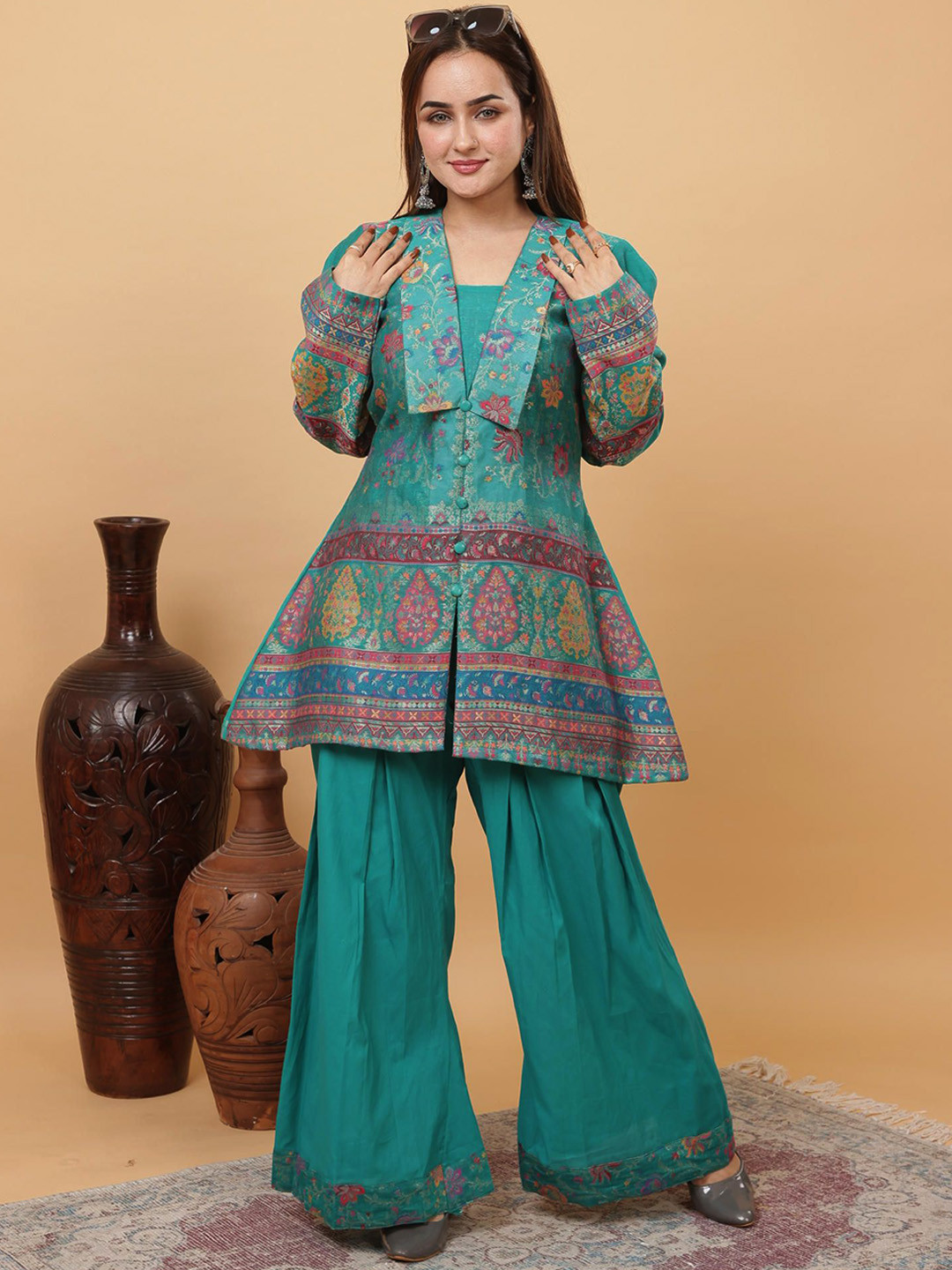 KIDAR Ethnic Jacquard Cord Set Woven Design Long Sleeves Tunic & Palazzo