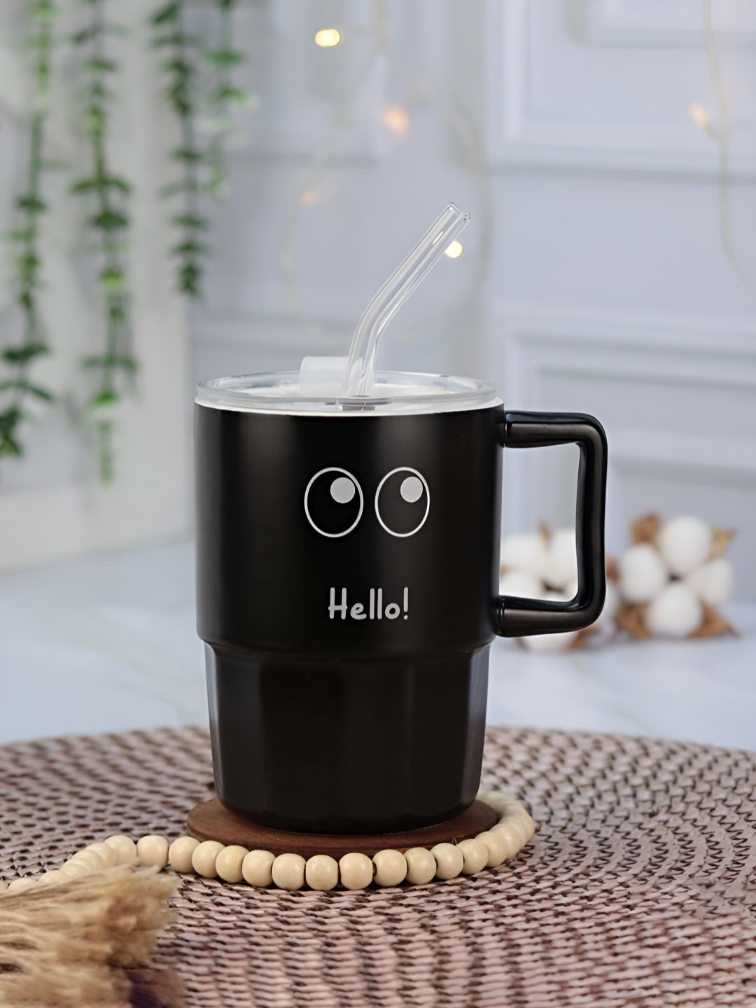 Giftii Mughal Blooms Black Typography Ceramic Microwave Safe Mug with Lid and Spoon-400ml