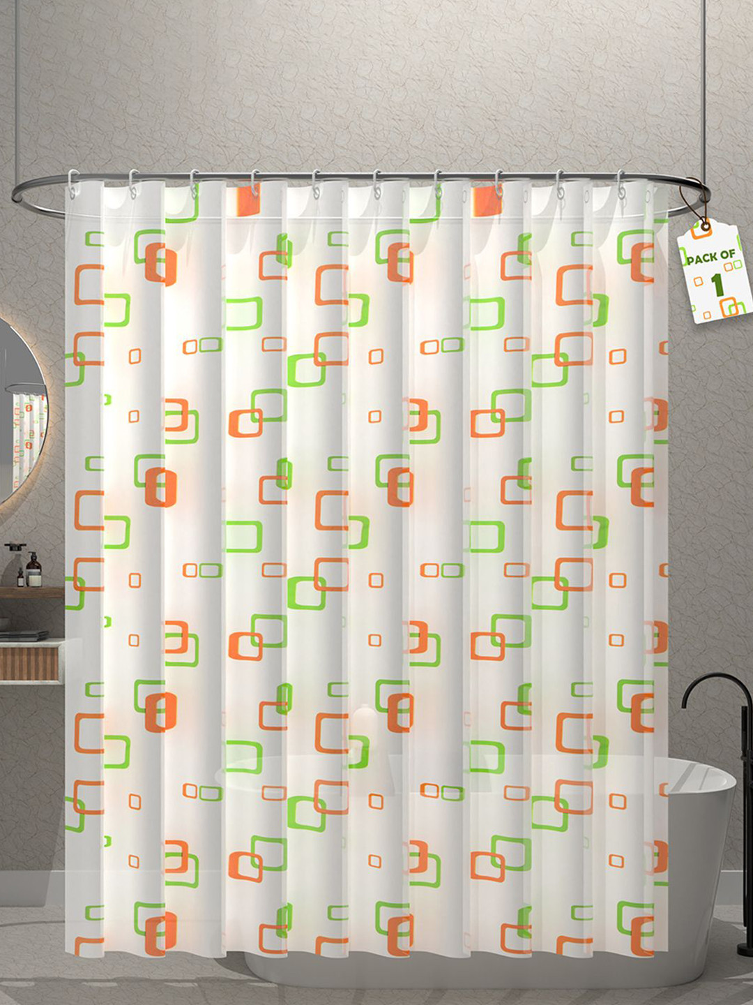 Aura Aura Green & White Block Printed Waterproof Shower Curtains With 12 Rings