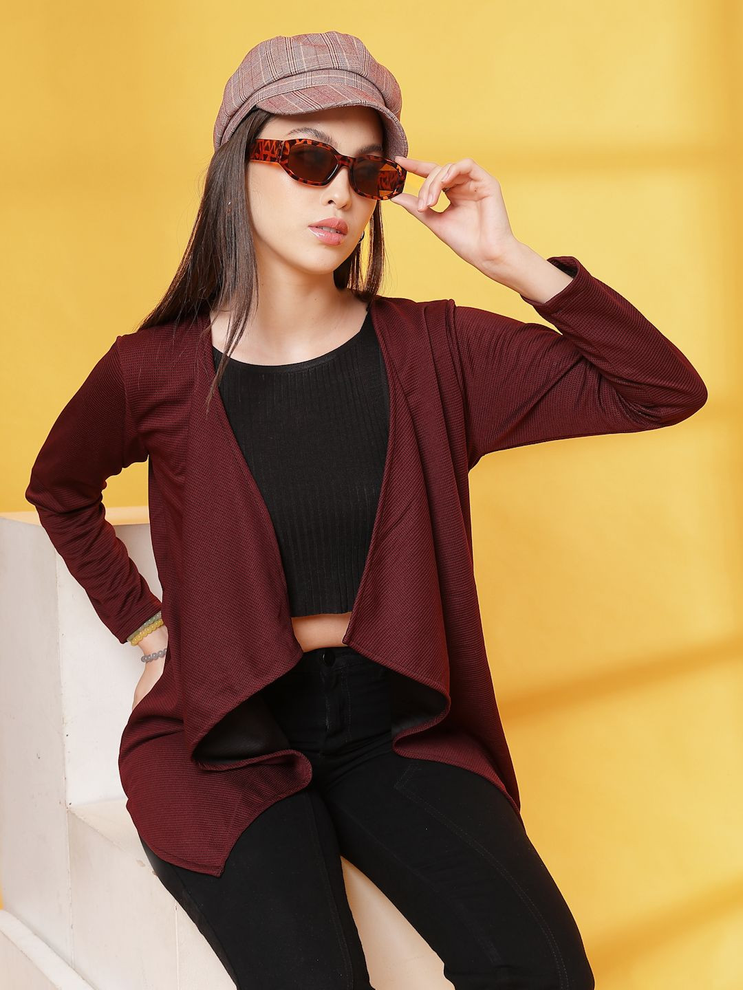 Rigo Self Design Cover-Up Ruffle Waffle Corduroy Longline Shrug