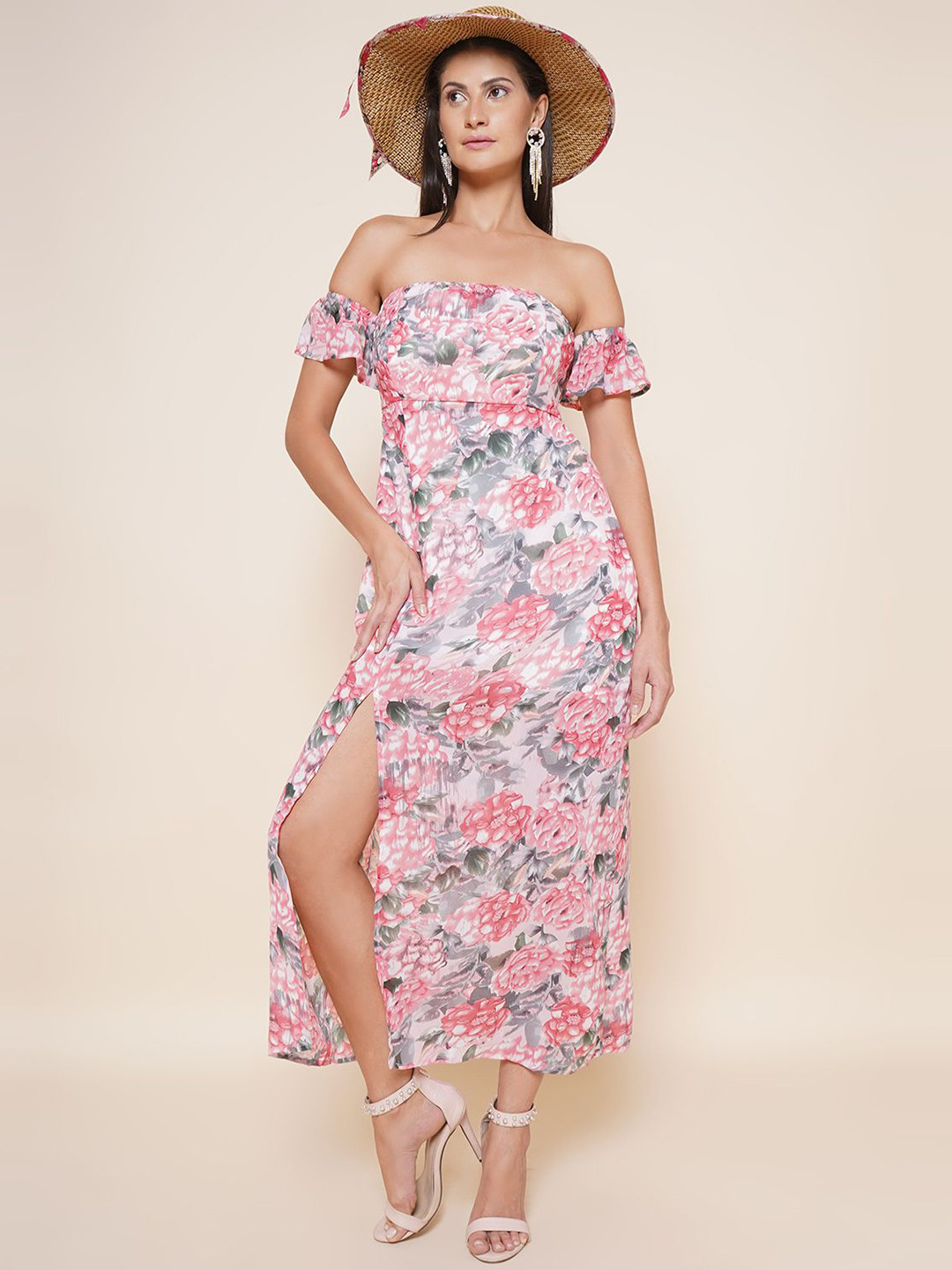 JAKANARY Floral Printed Off-Shoulder Georgette Maxi Dress With Slits