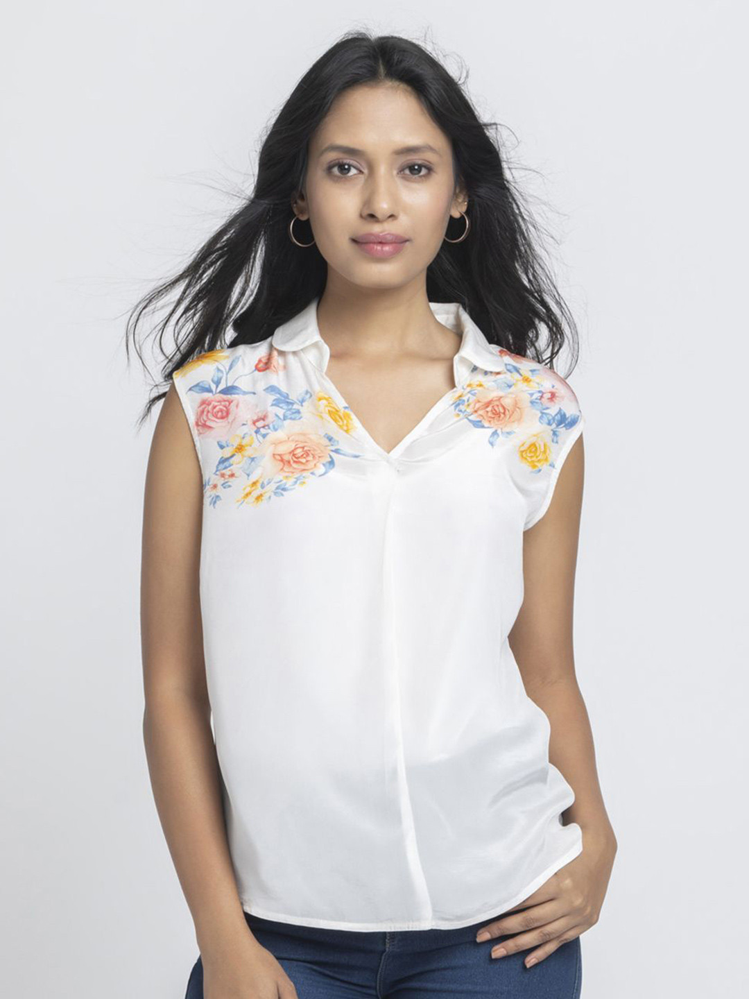 SHAYE White Shirt Collar Printed Casual Tops For Women