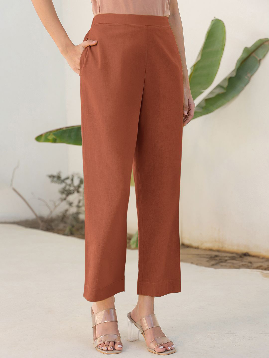 Janasya Women's Rust Linen Cotton Solid Regular Pant
