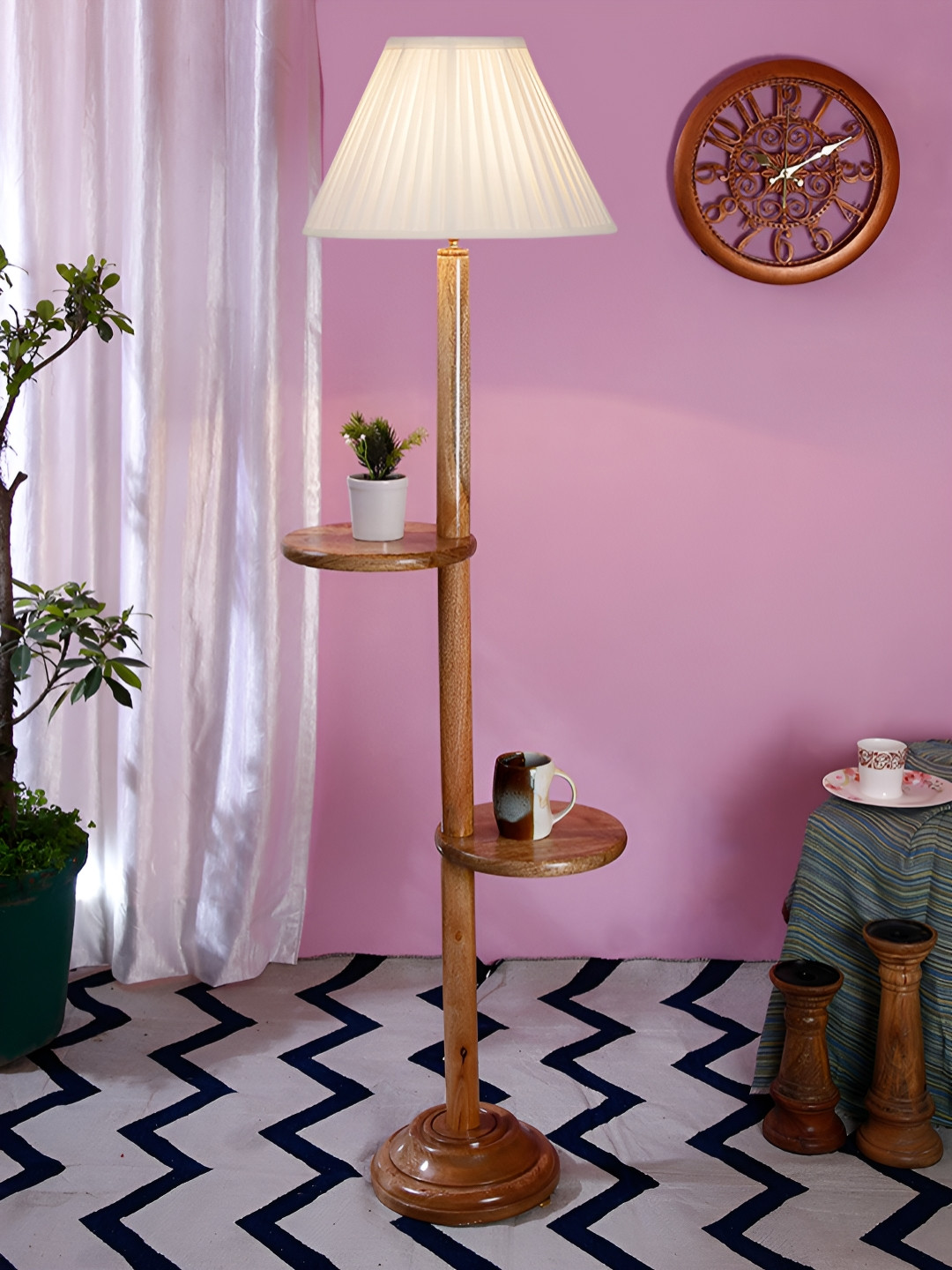 Devansh Brown & White Textured Conical Cotton Straight Pleated Wooden Floor Lamp