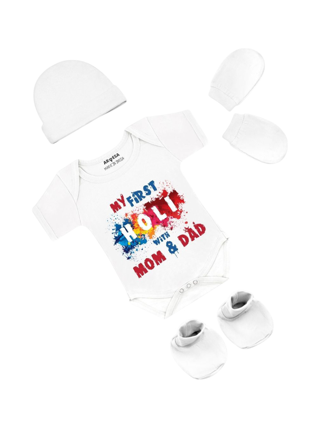 Arvesa Infants My First Holi Printed Bodysuit with Cap Booties Mitten