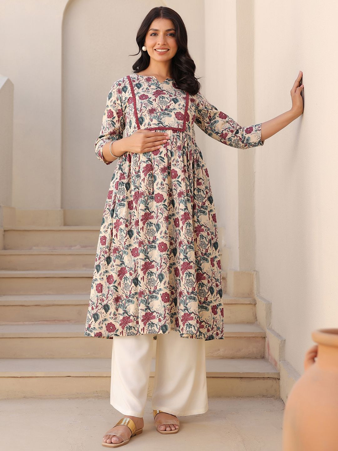 Janasya Women Cream Pure Cotton Floral Printed Gathered Maternity Kurta