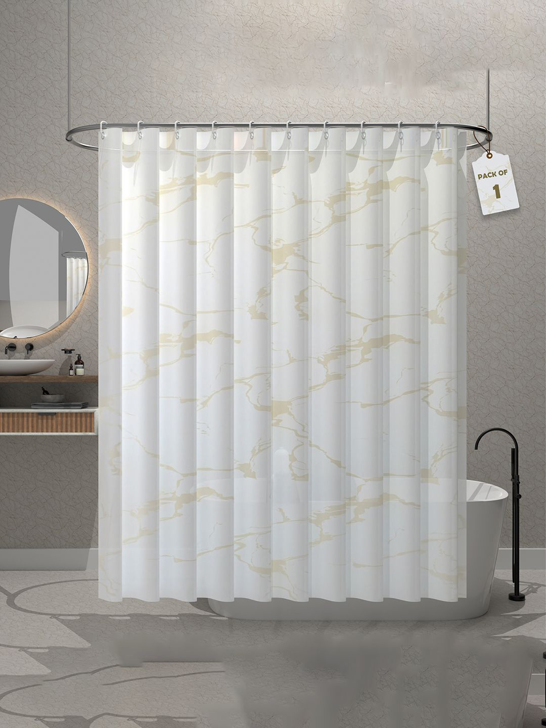 Aura Aura White & Beige Marble Printed Waterproof Shower Curtain With 12 Rings