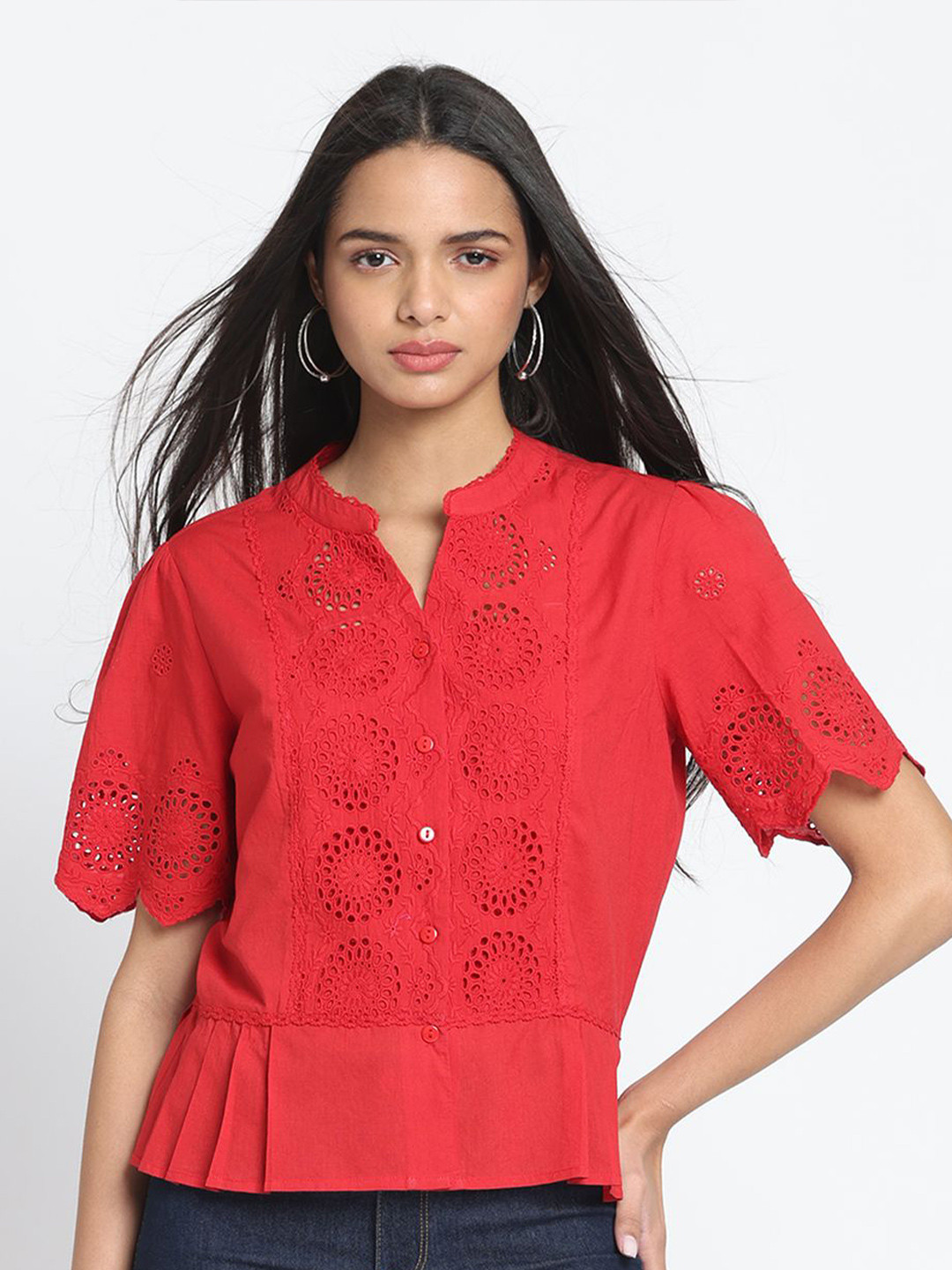 SHAYE Red Mandarin Collar Solid Short Sleeves Casual Top For Women