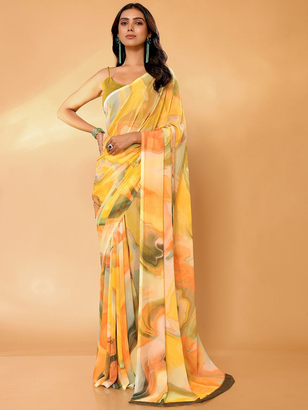 Janasya Women Multicolor Georgette Abstract Printed Saree with Unstitched Blouse Piece