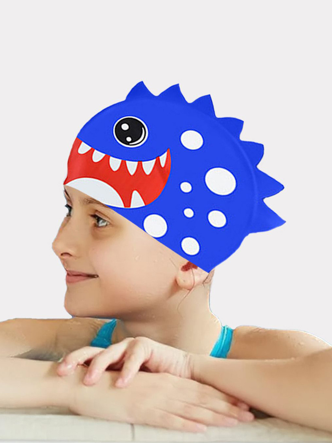 Little Surprise Box LLP 3d White Polka Cobalt Blue Silicone Kids Swim Cap