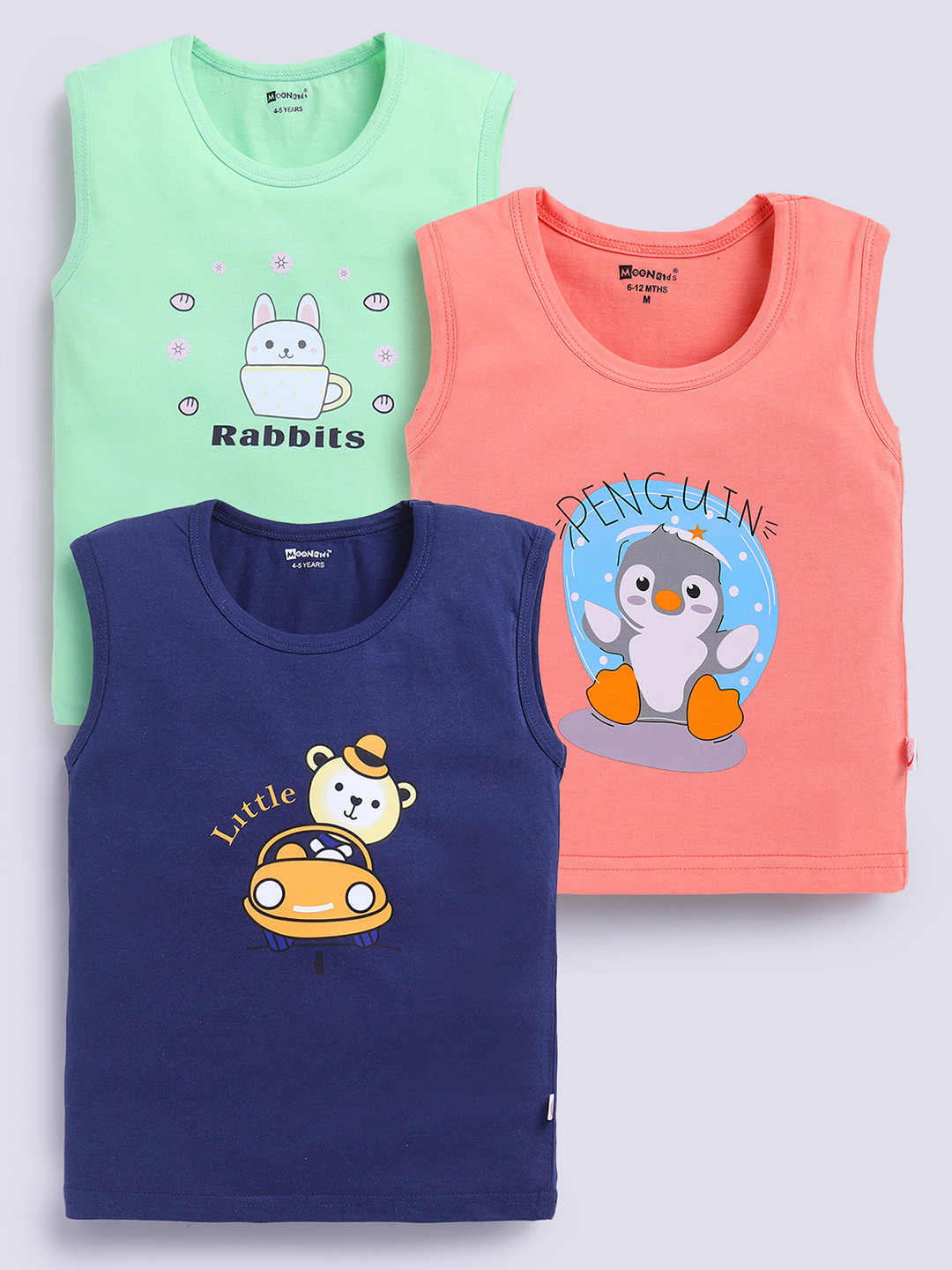 MooNKids Infants Pack Of 3 Printed Cotton Basic Vests MK_Vest_342 Pink Navy Coral