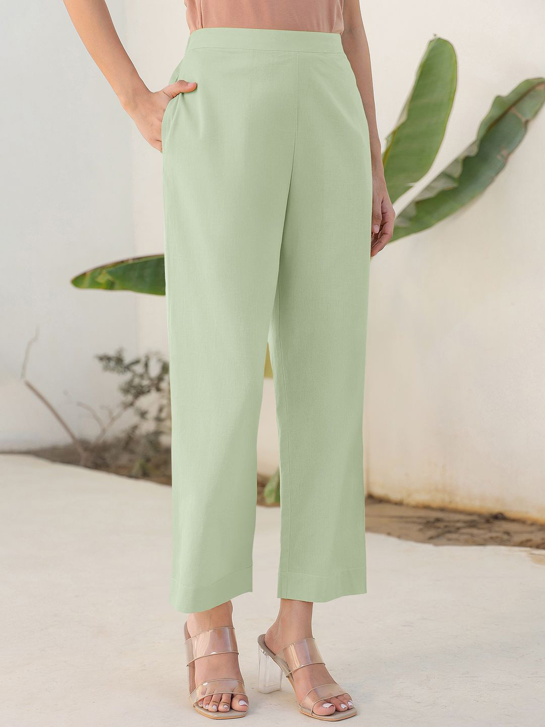 Janasya Women's Mint Green Linen Cotton Solid Straight Pant