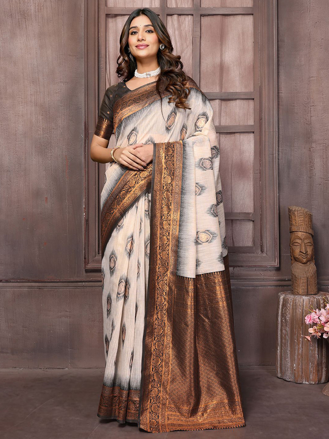 Janasya Women Beige & Brown Ethnic Motifs Kanjivaram Saree with Unstitched Blouse Piece