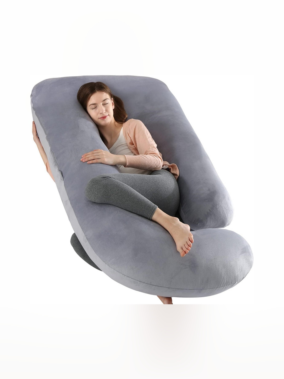 Pum Pum Hollow Fiber Grey Solid Faux Velvet Ultra Soft Fibre Maternity Pillow-22 x 71 x 134 cm