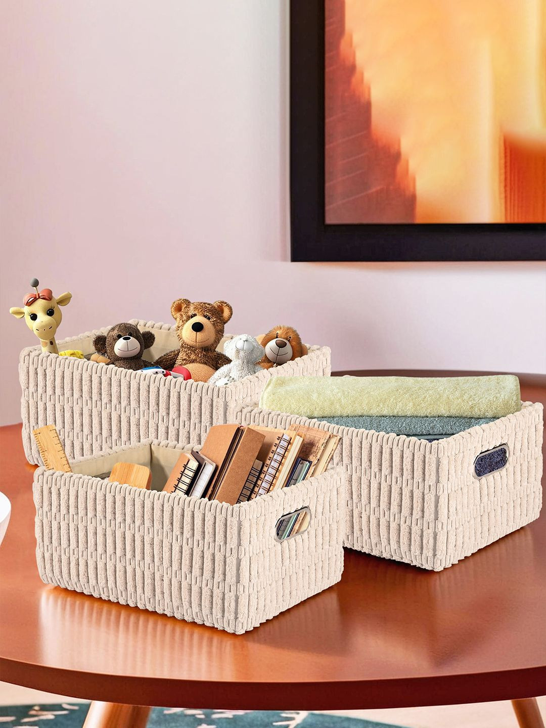 Aura Beige Set of 3 Soft Velvet Luxurious Storage Basket with Handle Desk Organiser