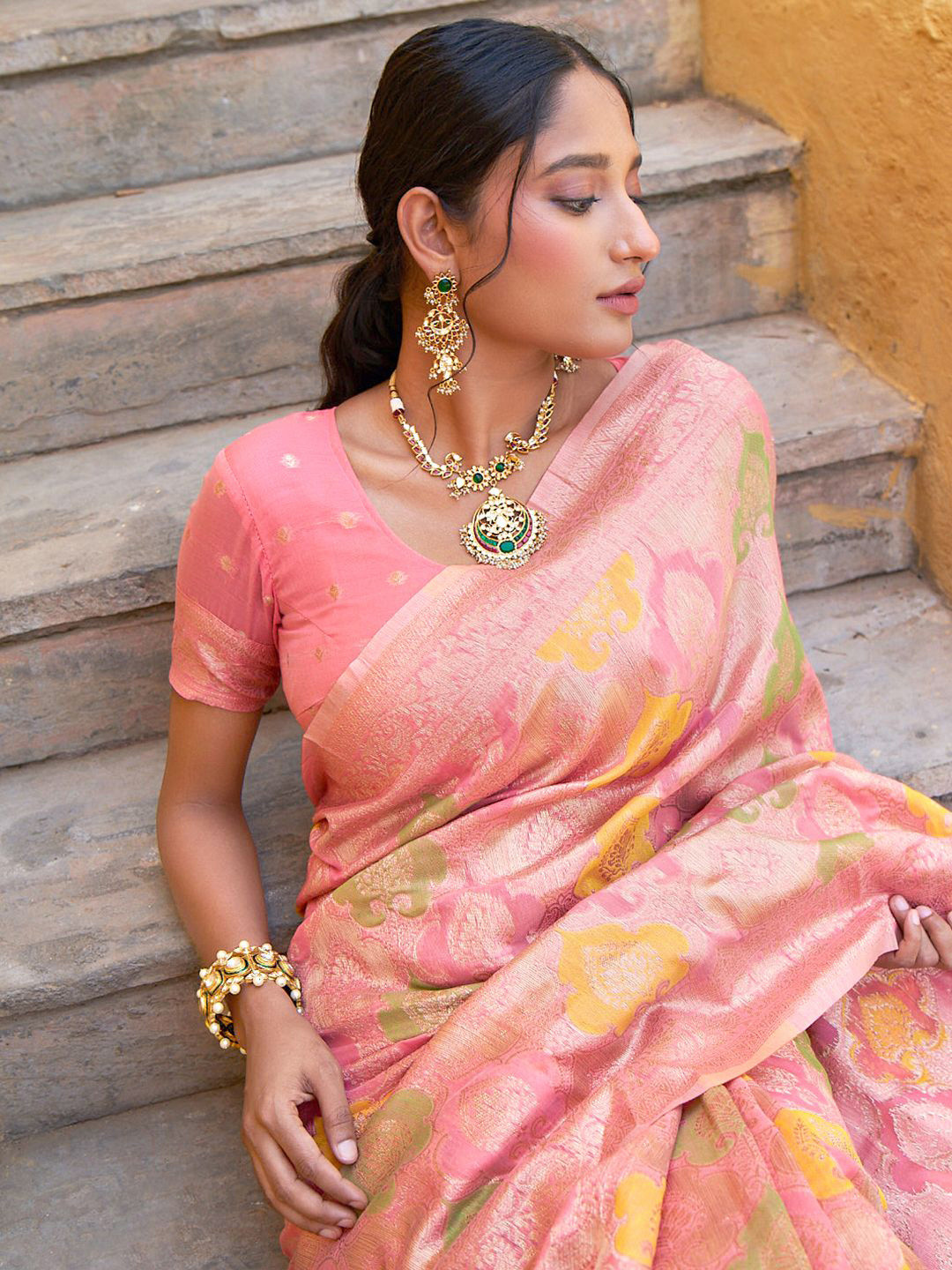 Janasya Women Light Pink Chanderi Silk Ethnic Motifs Saree with Unstitched Blouse Piece