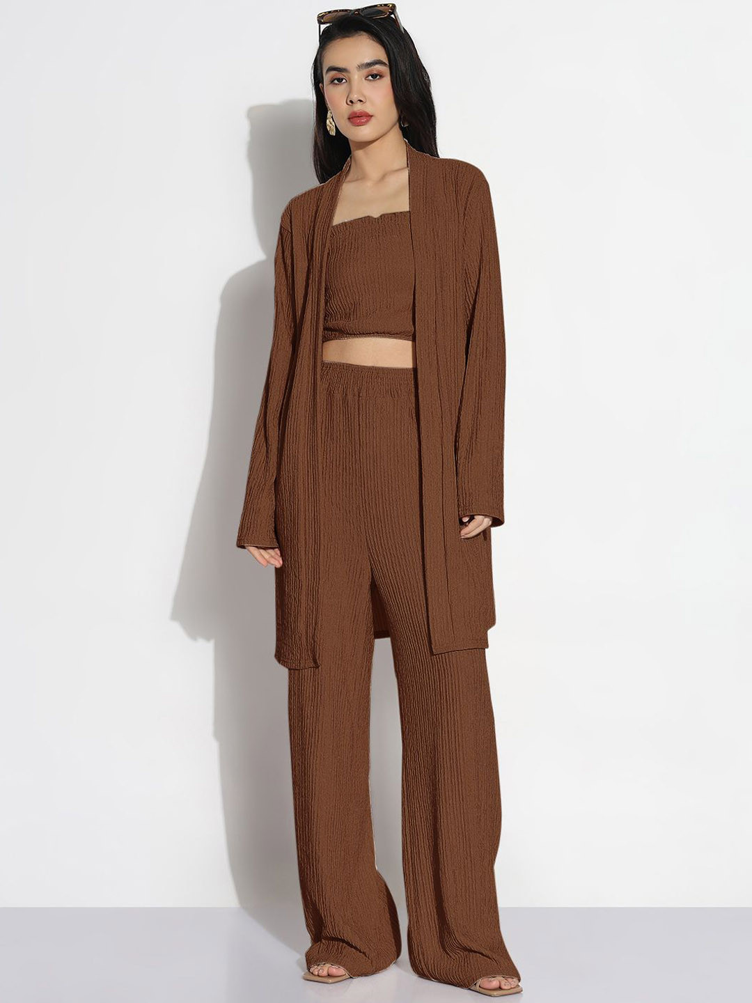 SHOWOFF Strapless Neck Top &Trousers With Shrug Co-Ords