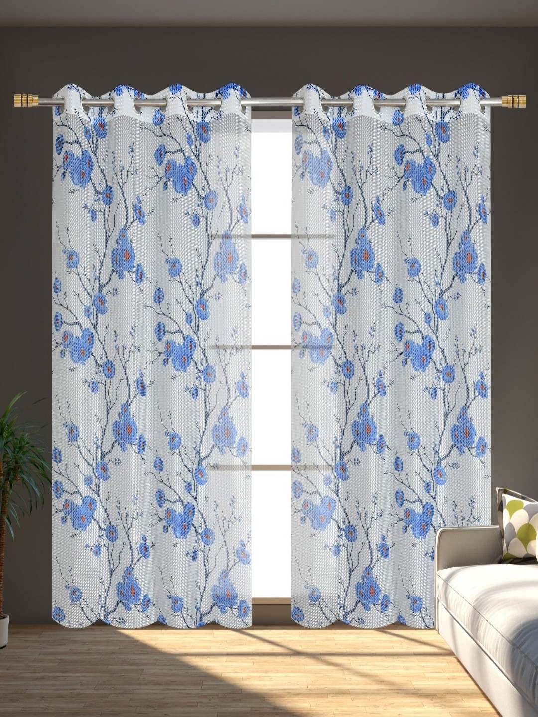 Galaxy Home Decor White And Blue 2 Pieces Floral Sheer Long Door Curtains