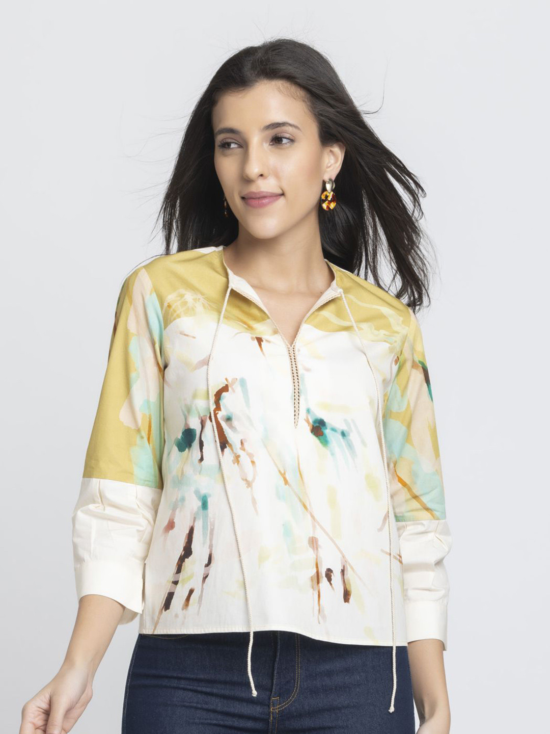 SHAYE Beige Tie Up Neck Printed Three-Quarter Sleeves Casual Tops For Women