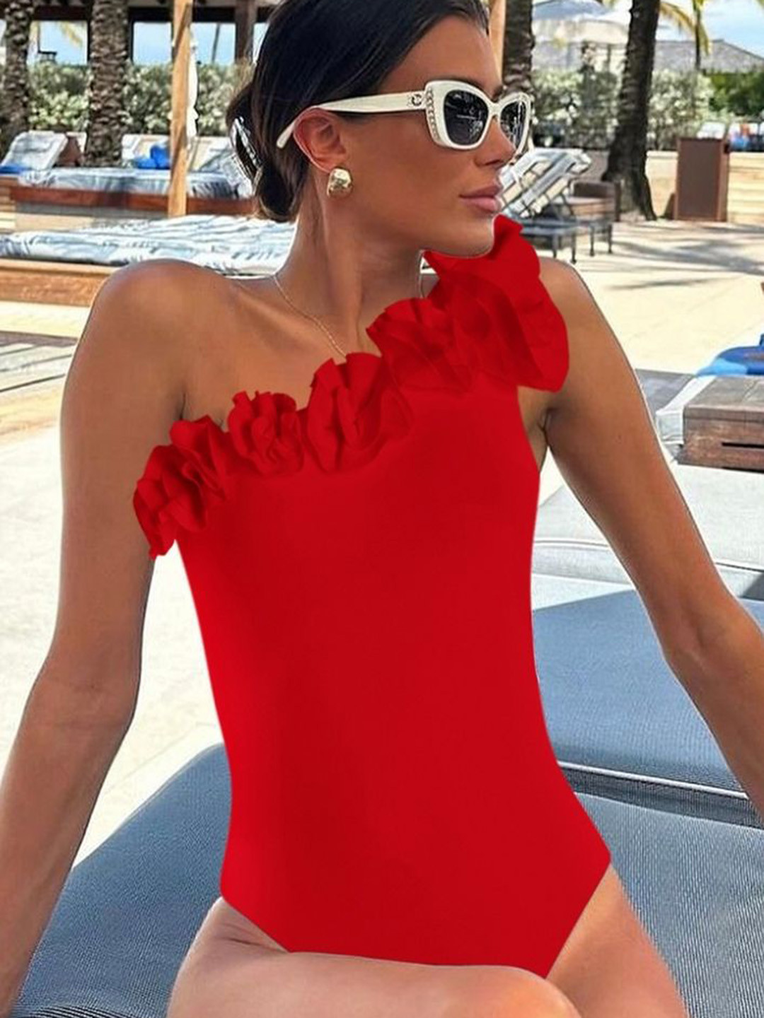 LULU & SKY Floral Applique One-shoulder Swimsuit