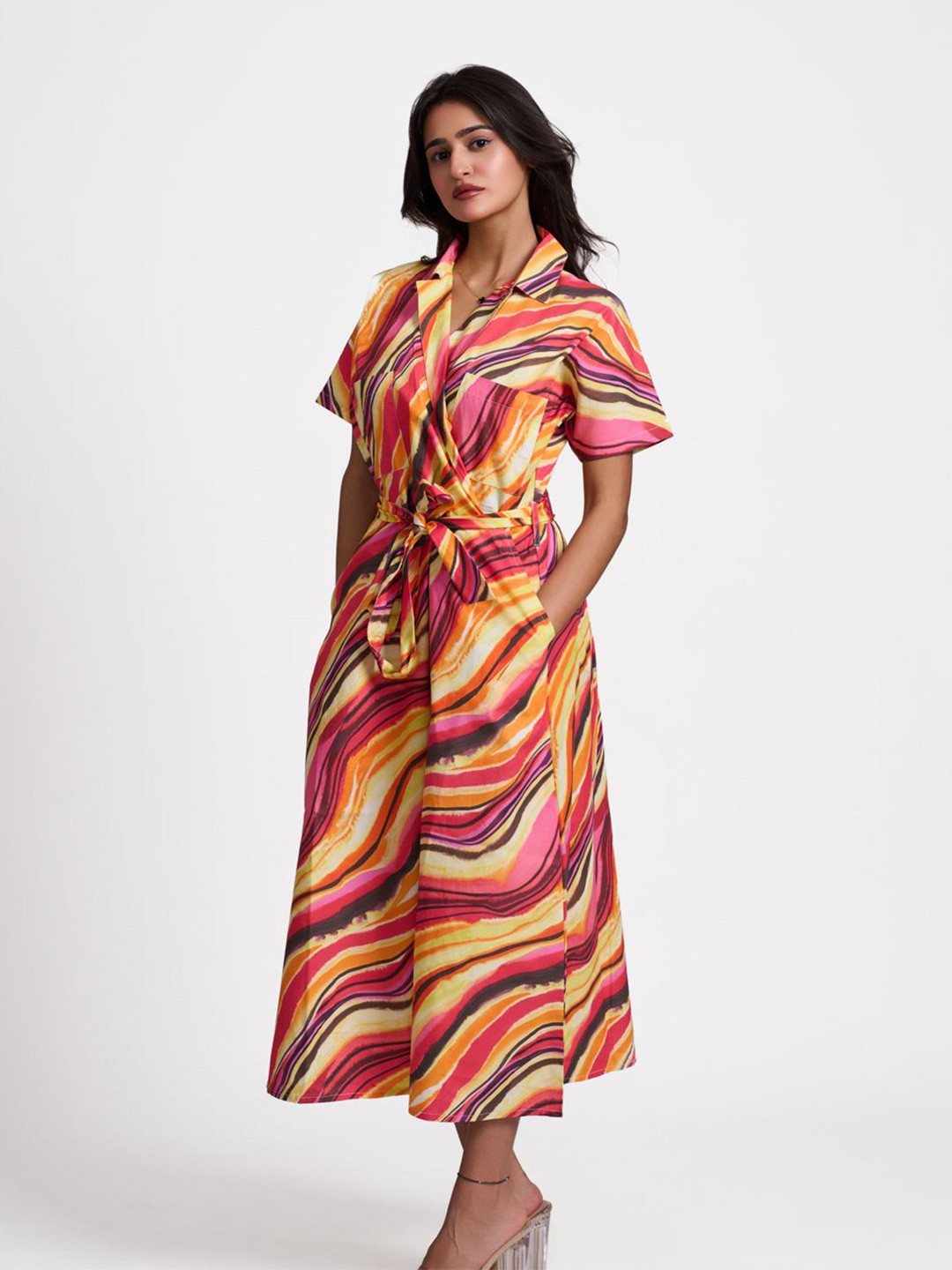 How When Wear Women Sunset Print Double Pocketed Midi Dress