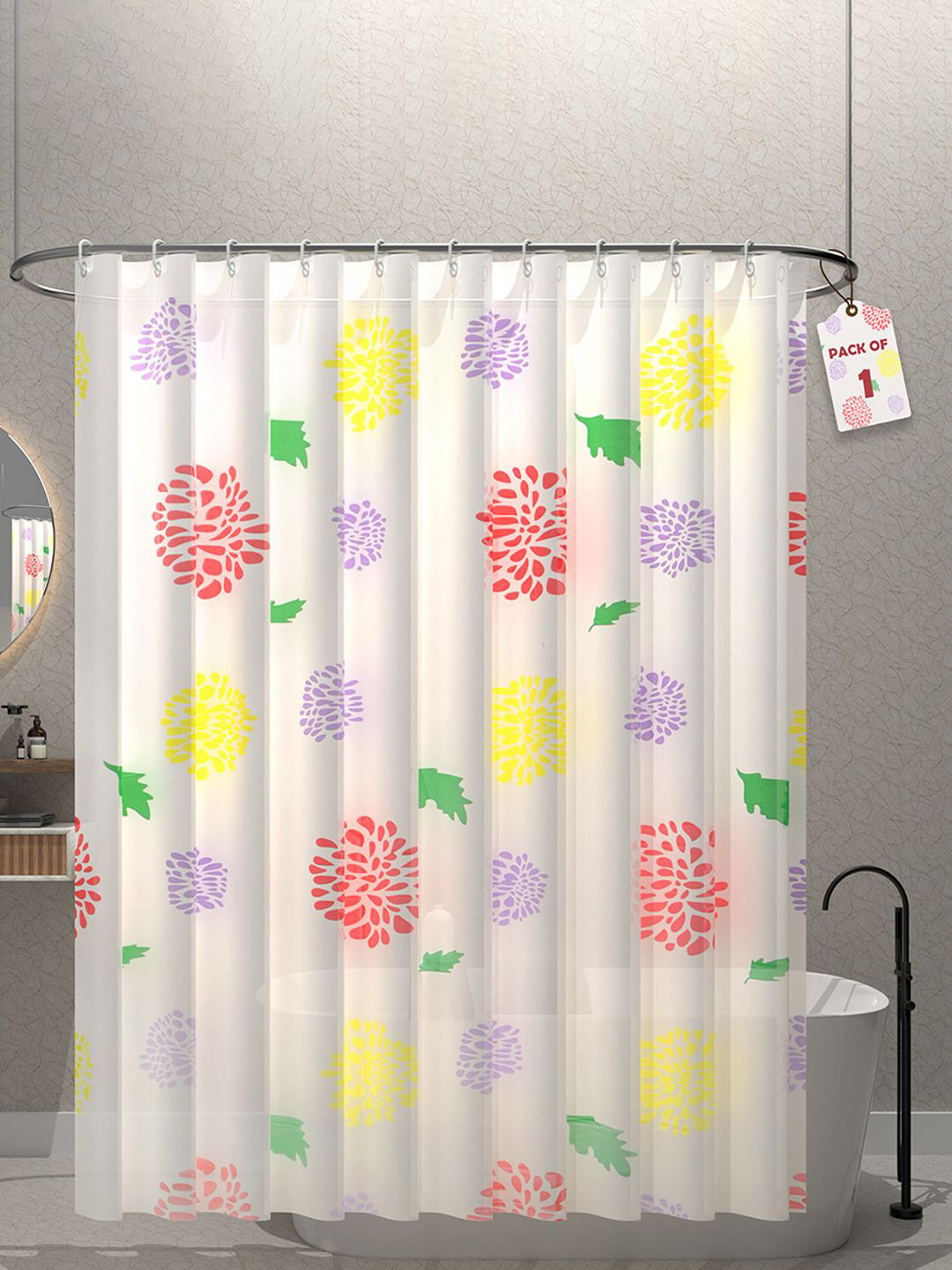Aura Aura White & Red Printed Waterproof Shower Curtains With 12 Rings