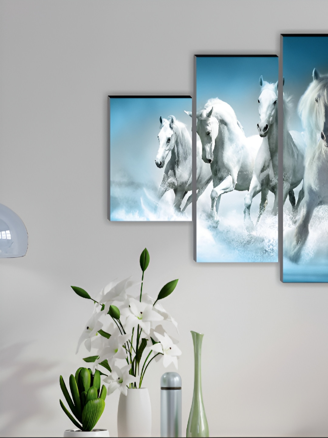 Aura White & Blue 5 Pieces Birds And Animals Seven Horses Wall Art