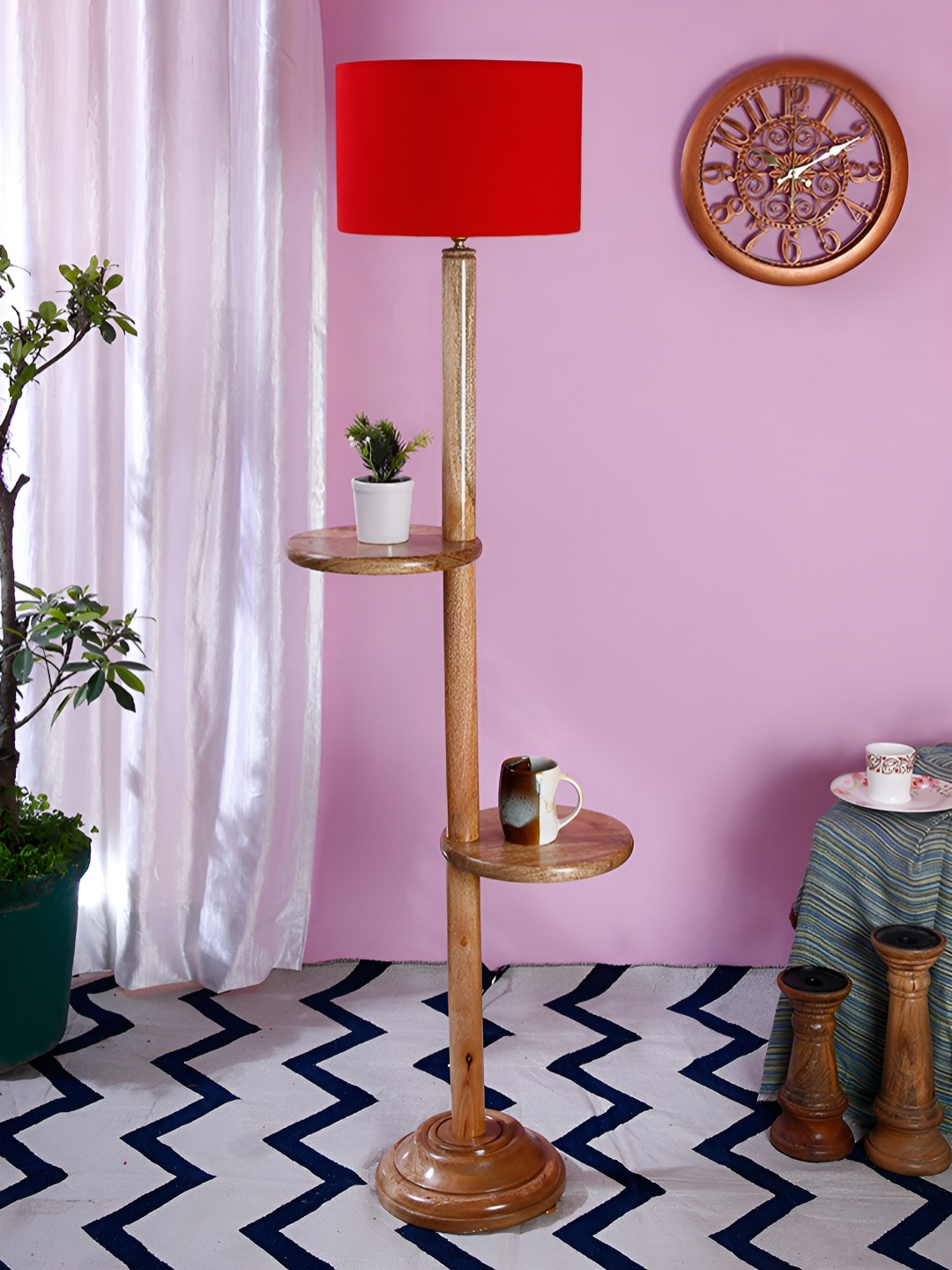 Devansh Red & Brown Drum Cotton Wooden Shelf Floor Lamp